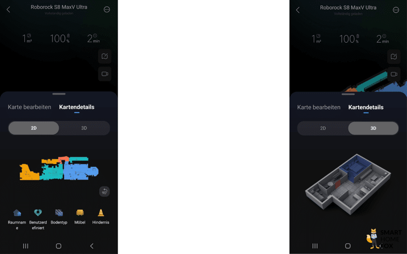 2D- und 3D-Kartenansicht beim Roborock S8 MaxV Ultra ist zu sehen.